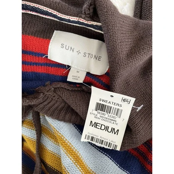 NWT Sun & Stone Brown Multi Striped Knit Hooded Pullover Sweater Mens Sz Medium - Picture 5 of 6